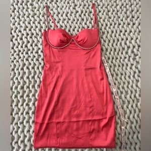 Oh Polly Coral Embellished Satin Dress